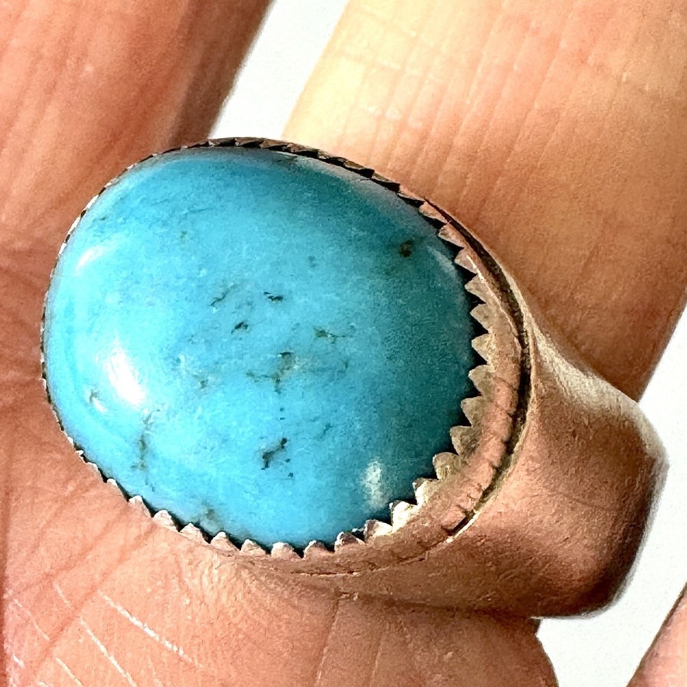 Dome Turquoise Ring Sz 8.75 Sterling Handmade 20g Southwest Sawtooth Bezel Oval